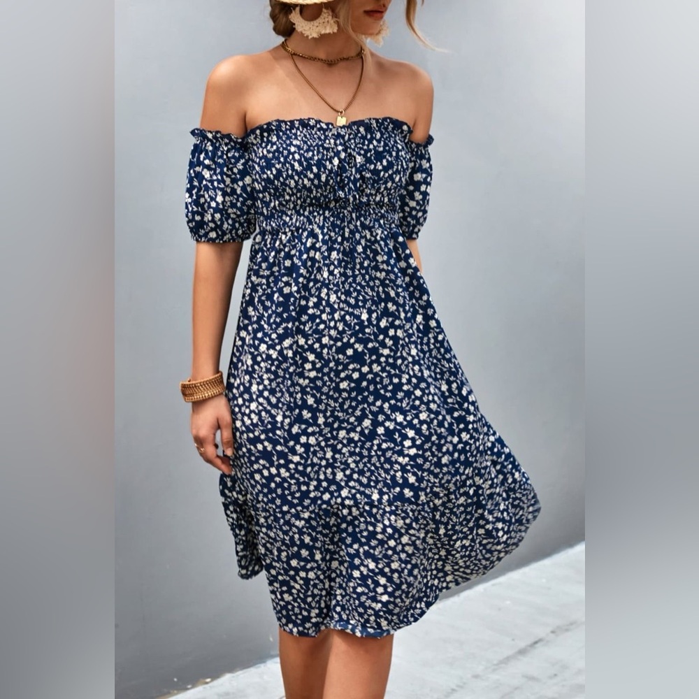 Ditsy Floral Smocked Frill Trim Off-Shoulder Dress - Picture 4 of 6